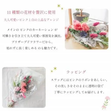 カーネーションスワッグ ピンク プリザーブドフラワー 母の日 壁掛け【1603934】