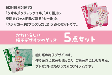 梅子グッズの詰め合わせ（ピンク） 梅子 グッズ タオル シール クリアファイル ファイル メモ帳 メモ 佐布里 梅 特産品 イラスト 日用品 観光大使 伝統工芸品 贈答 プレゼント 愛知県 知多市