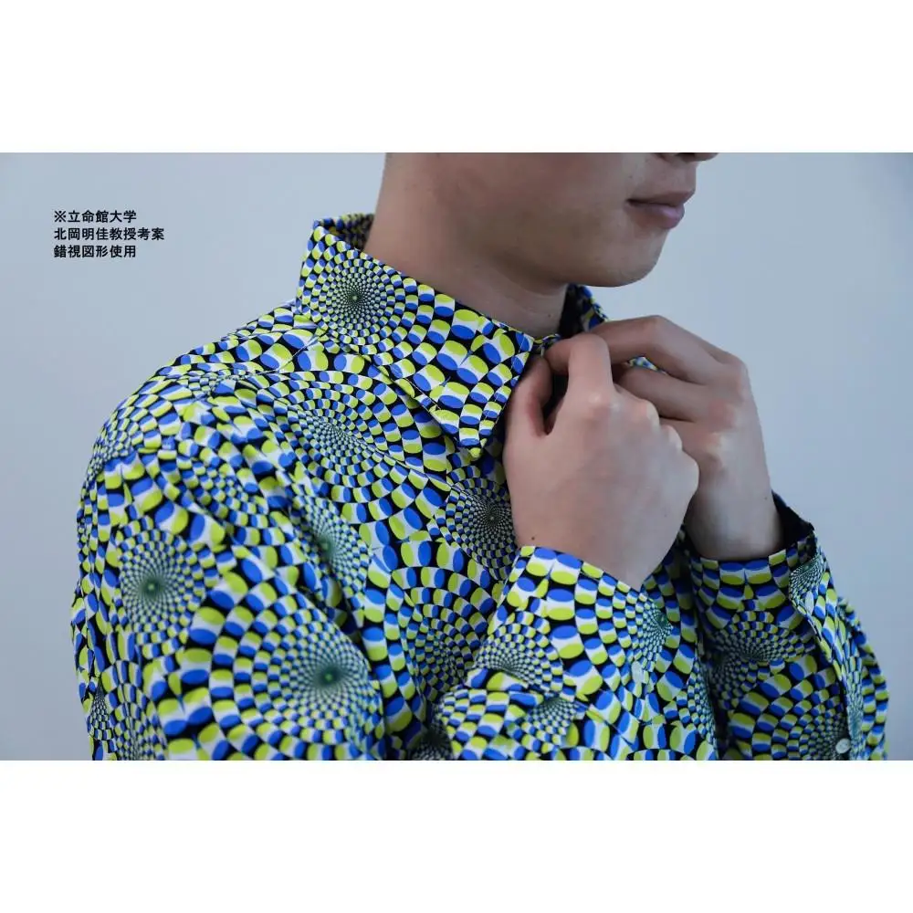 【鷲野染工場】錯視柄メンズシャツ 蛇の回転 ＜カラー:ブルー系 サイズ:M 襟:ボタンダウン＞