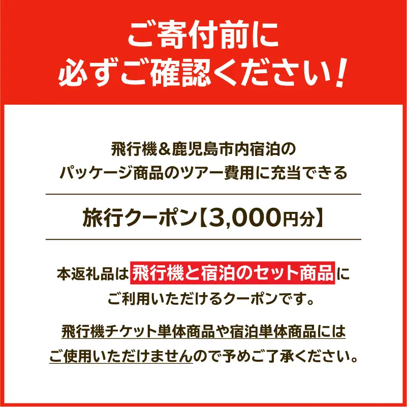 鹿児島市に泊まる（飛行機+宿泊）ふるさと納税旅行クーポン【3,000円分】 K349-001_03 トラベル ツアー 宿泊 国内旅行 鹿児島旅行