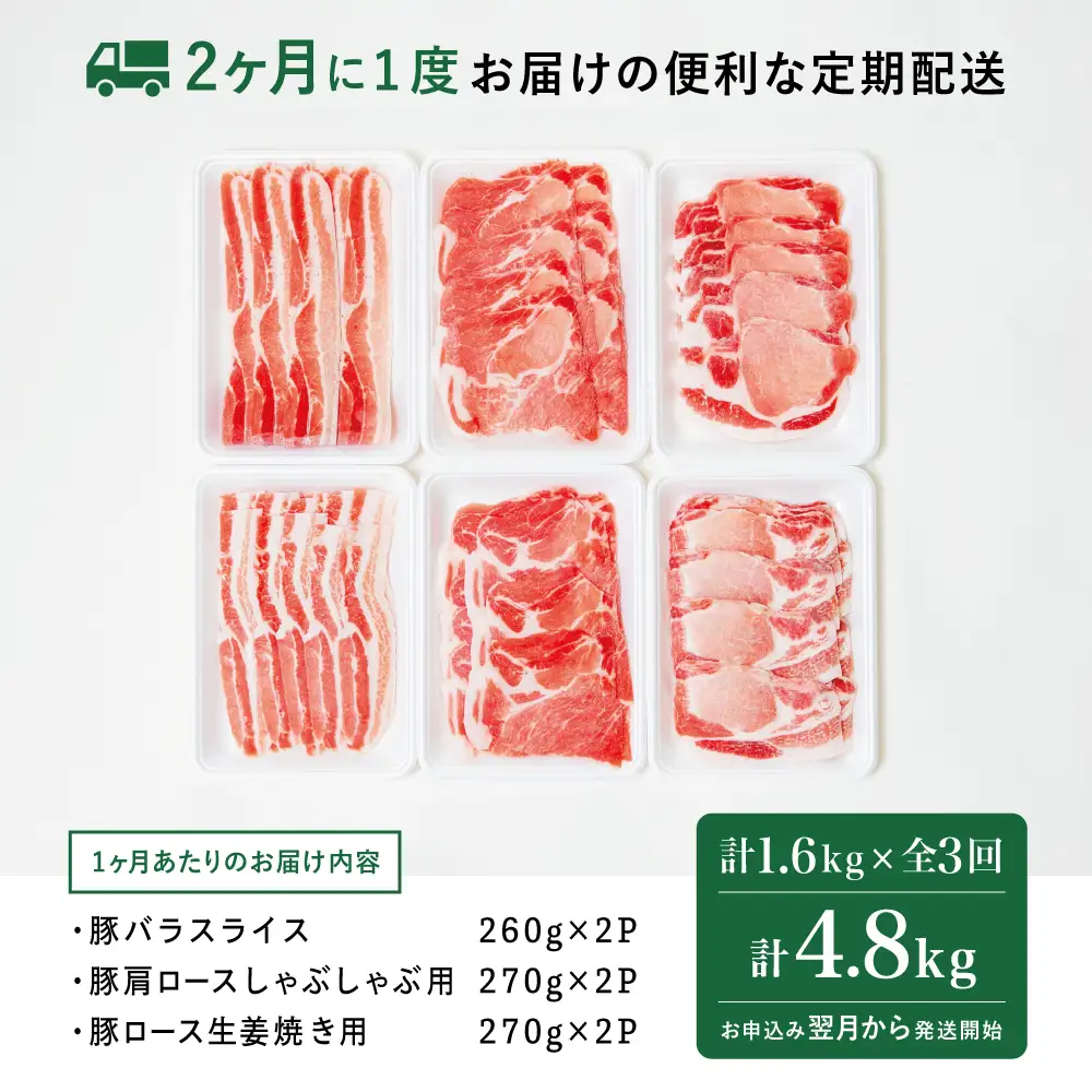 【定期便：2ヶ月に1度】鹿児島産 豚肉3種類セット 1.6kg×3回（合計4.8kg） 国産 鹿児島県産 豚肉 お取り寄せ かごしま グルメ 鍋 送料無料 鹿児島県 南さつま市 株式会社コワダヤ