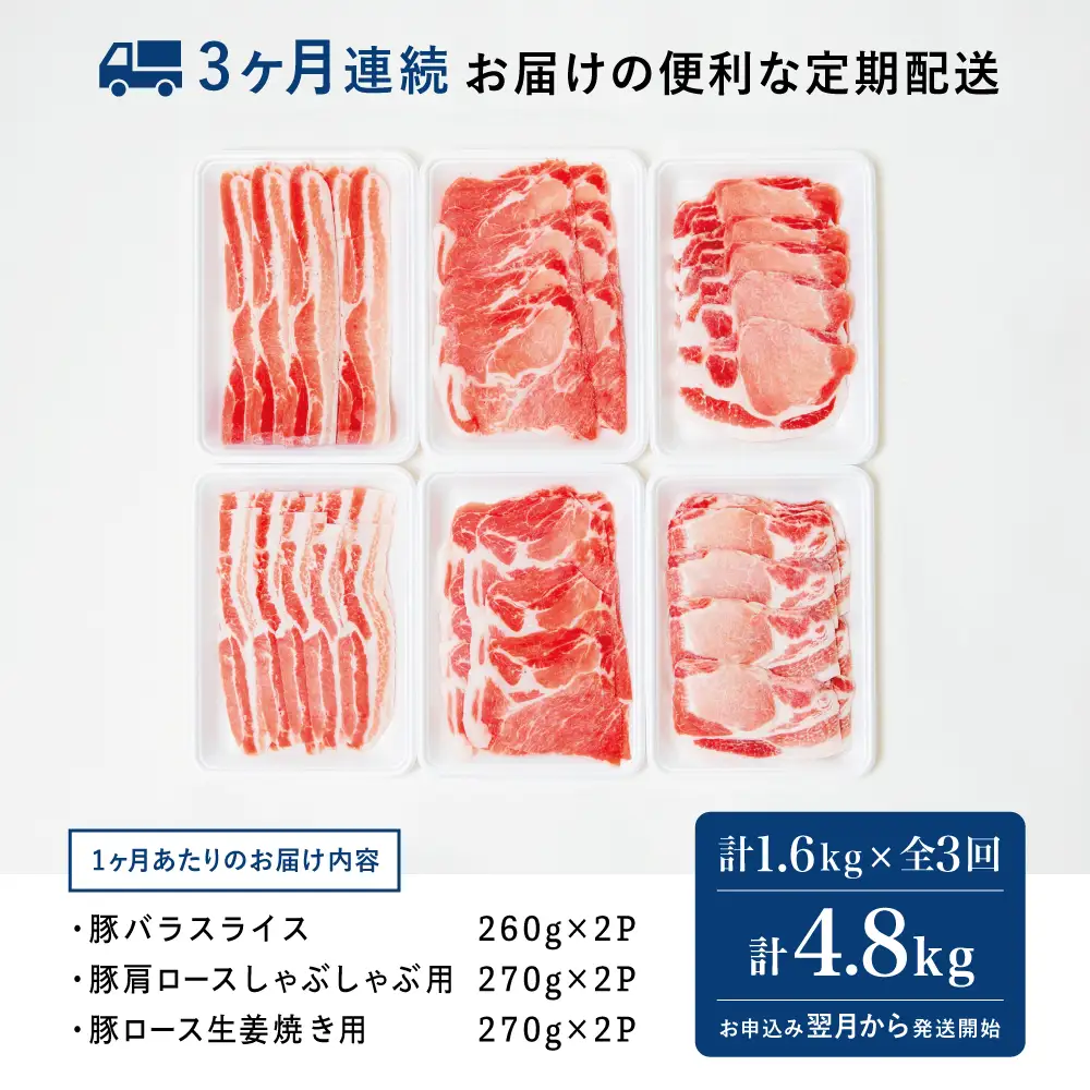 【定期便：3ヶ月連続】鹿児島産 豚肉3種類セット 1.6kg×3回（合計4.8kg） 国産 鹿児島県産 豚肉 お取り寄せ かごしま グルメ 鍋 送料無料 鹿児島県 南さつま市 株式会社コワダヤ