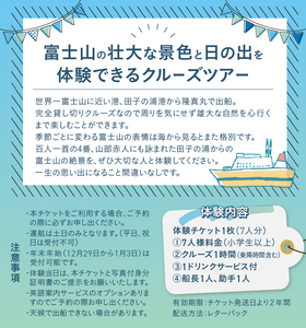 クルージング サンライズコース 体験チケット 7人 クルーズツアー 土日のみ 年末年始受付可能 富士山の壮大な景色 雄大な自然 田子の浦港 隆真丸 完全貸し切り 一生の思い出 静岡県 富士市 [sf001-193]