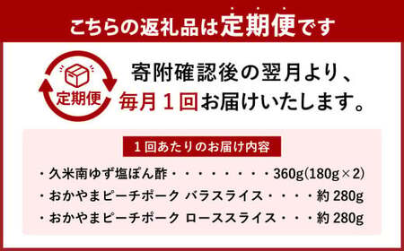 【3ヶ月定期便】おかやまピーチポーク しゃぶしゃぶセット 4～6人前(ゆず塩ぽん酢付き)×3回 計12人前～18人前 計約1680g 豚肉 ポーク ロース バラ お肉 肉 しゃぶしゃぶ 鍋 セット ポン酢 冷凍 岡山県