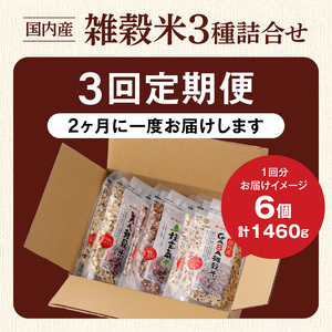 【隔月3回　定期便】国内産 雑穀米3種詰め合わせ （GABA雑穀米・美人雑穀米・五種玄氣雑穀米　各2個）_米 雑穀米 おいしい 3種 6パック 詰め合わせ セット 1460g 隔月 定期便 3回 国内産 体にやさしい 混ぜて炊くだけ 主食 おにぎり 冷めても美味しい お弁当 ブレンド 日本雑穀アワード 2年連続 金賞 GABA雑穀米 美人雑穀米 五種玄氣米 送料無料 〔Tk029〕