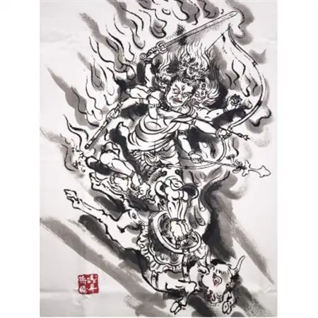 手描きTシャツ 仏画 大威徳明王 白 (半袖 Lサイズ)【1615024】