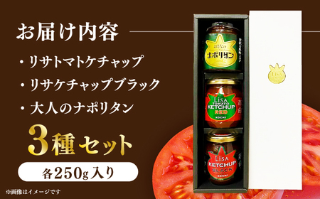 ケチャップセット3種 〈リサトマトケチャップ・リサケチャップブラック・大人のナポリタン〉各250g / ケチャップ セット リサトマト トマト ナポリタン 調味料 とまと 高知【株式会社　堀】[ATDA009]