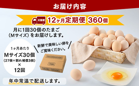 【12ヶ月定期便】【毎月後半発送】相模原市田名のおがわのたまご　ピンク卵　Mサイズ 30個(27個＋割れ補償3個)×12か月※着日指定不可
