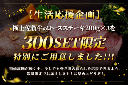 数量限定】生活応援！限定300セット|選べる枚数【A5A4等級 佐賀牛ロースステーキ200g×3枚】高級 ブランド牛 国産黒毛和牛 厚切り 贅沢グルメ 牛肉 肉 単身 家族 贈答用にも◎ 佐賀県鹿島市 送料無料 D-238
