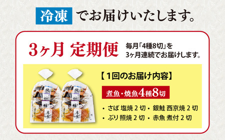 【3ヶ月連続 定期便】骨取り 煮魚・焼き魚・西京漬 4種8切 レンチン [C-088061] / 魚 鮭 赤魚 ぶり さば 西京 小分け レンチン 時短 ごはんお供 惣菜 焼き魚 煮魚 鯖 鰤 和食 湯煎 レトルト 調理済み 手軽 簡単 レンジ 真空 パック 3回 定期 3か月 3ヵ月 焼魚 さけ しゃけ サケ シャケ サバ ブリ