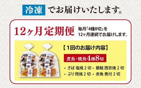 【12ヶ月連続 定期便】骨取り 煮魚・焼き魚・西京漬 4種8切 レンチン [L-088063] / 魚 鮭 赤魚 ぶり さば 西京 小分け レンチン 時短 ごはんお供 惣菜 焼き魚 煮魚 鯖 鰤 和食 湯煎 レトルト 調理済み 手軽 簡単 レンジ 真空 パック 12回 定期 12か月 12ヵ月 焼魚 さけ しゃけ サケ シャケ サバ ブリ