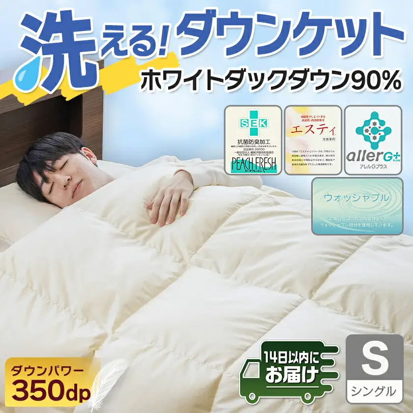 抗菌防臭加工洗えるダウンケット ホワイトダック90%【S】≪みやこんじょ快速便≫〔AE-E105-R〕_(都城市) 羽毛布団 寝具 抗菌防臭加工 ダウン SEKアレルGプラス加工 日本製 肌掛け布団 シングル