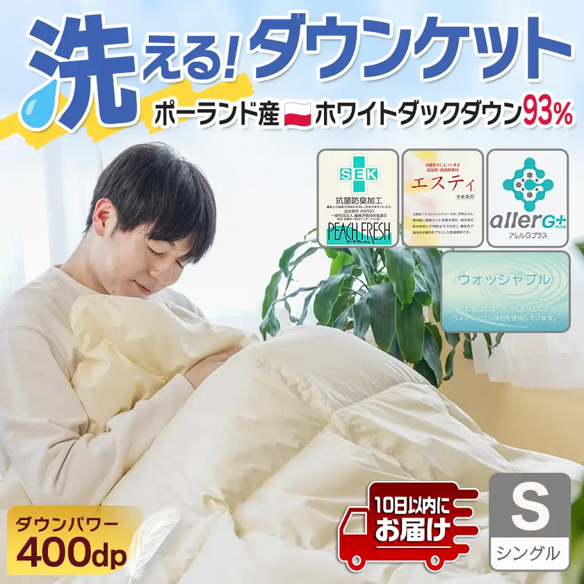 抗菌防臭加工洗えるダウンケット ポーランド産ホワイトダック93%【S】≪みやこんじょ特急便≫〔AG-E102-Q〕_(都城市) 羽毛布団 寝具 抗菌防臭加工 ダウン SEKアレルGプラス加工 日本製 ウォッシャブル 肌掛け布団 シングル