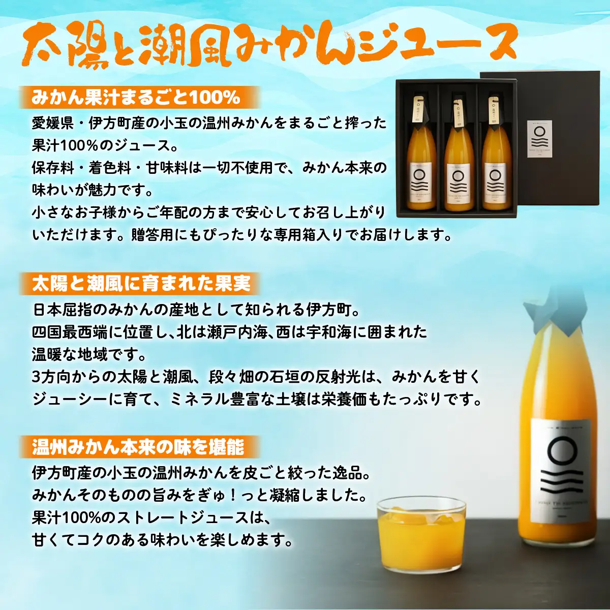 【愛媛県産】太陽と潮風みかんジュース（720ml×3本） 果汁100％ 【ふるさと納税 人気 おすすめ ランキング みかん ミカン 蜜柑 ジュース みかんジュース ミカンジュース クリエイト伊方 愛媛県 伊方町 送料無料】 IKTI010