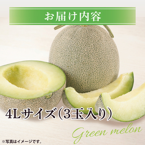 阿見グリーンメロン 4Ｌサイズ(3玉入り)(化粧箱) 青肉 高糖度 高級 甘い 夏限定 旬 フルーツ 果汁たっぷり 人気 産地直送 ギフト 茨城県 阿見町【先行予約｜2026年6月中旬より配送】（76-04）