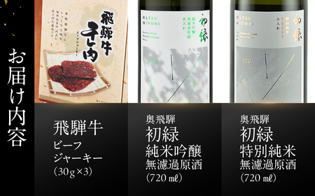 【飛騨 味職人】飛騨牛 干し肉ビーフジャーキー (30g×3箱)と【初緑】 無濾過原酒2種セット(720ml×各1本) 【54-14】