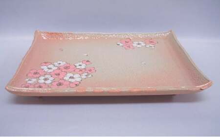 萩焼 桜散し足付角皿(皿立て付き)