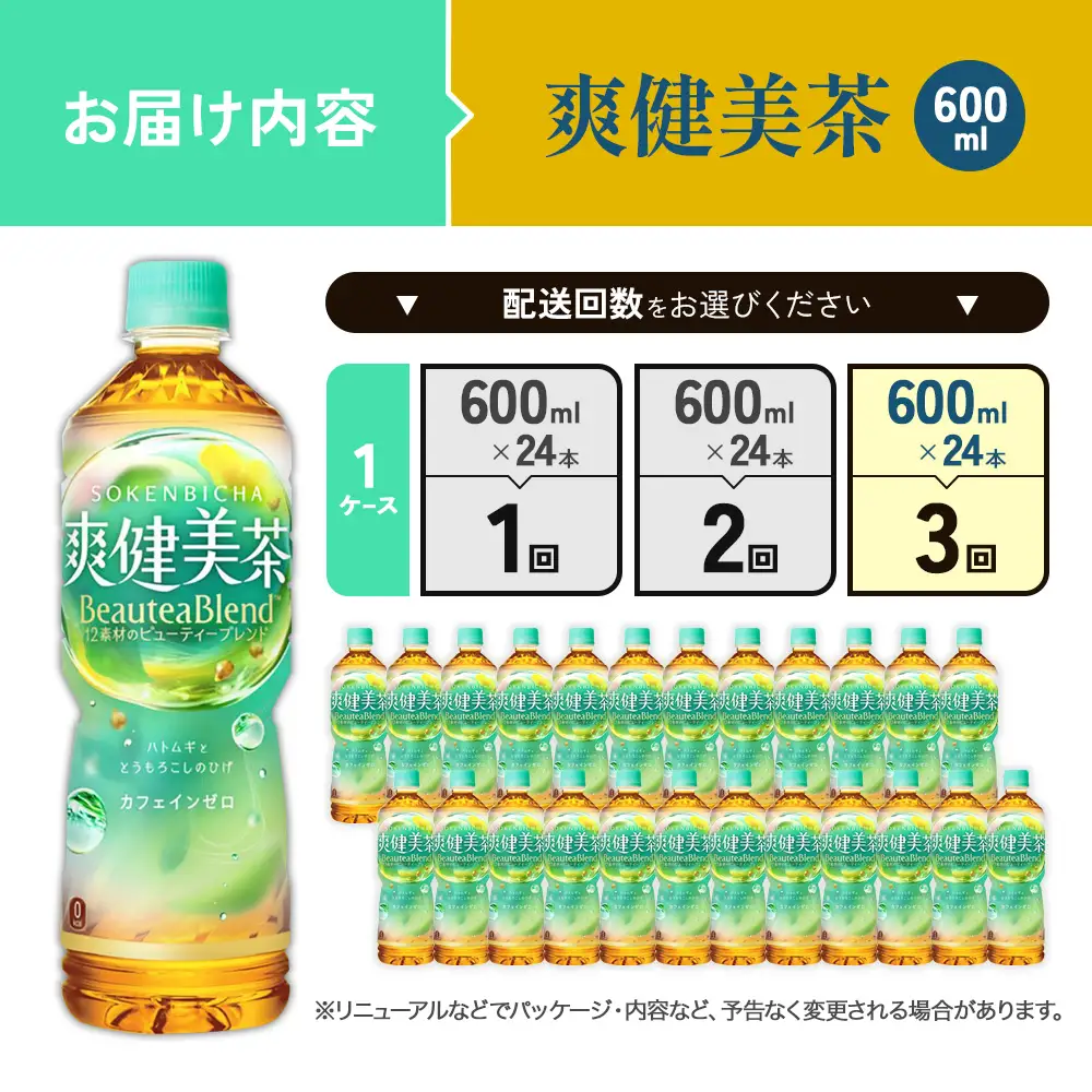 （3回定期便）爽健美茶 600ml PET【コカ・コーラ】ペットボトル 1ケース(24本) 定期便 3回(72本) セット お茶 カフェインゼロ ノンカフェイン ハトムギ ブレンド茶 宮崎県 えびの市 送料無料