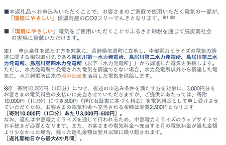 信濃町産 CO2フリーでんき 10,000円コース（注：お申込み前に条件を必ずご確認ください）／中部電力ミライズ 環境にやさしい電気で節約【長野県信濃町ふるさと納税】