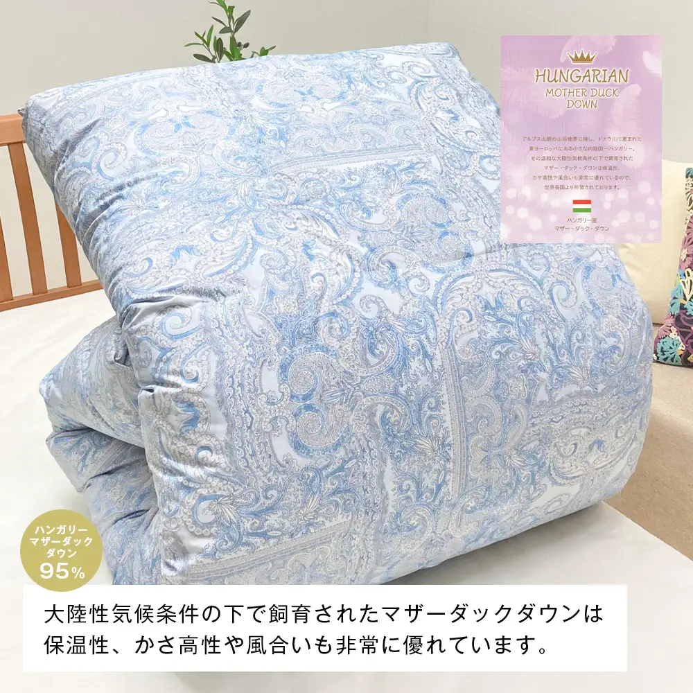 ハンガリーマザーダック95％ 二層式 羽毛布団 1.3kg SL（25738）ブルー　シングル
