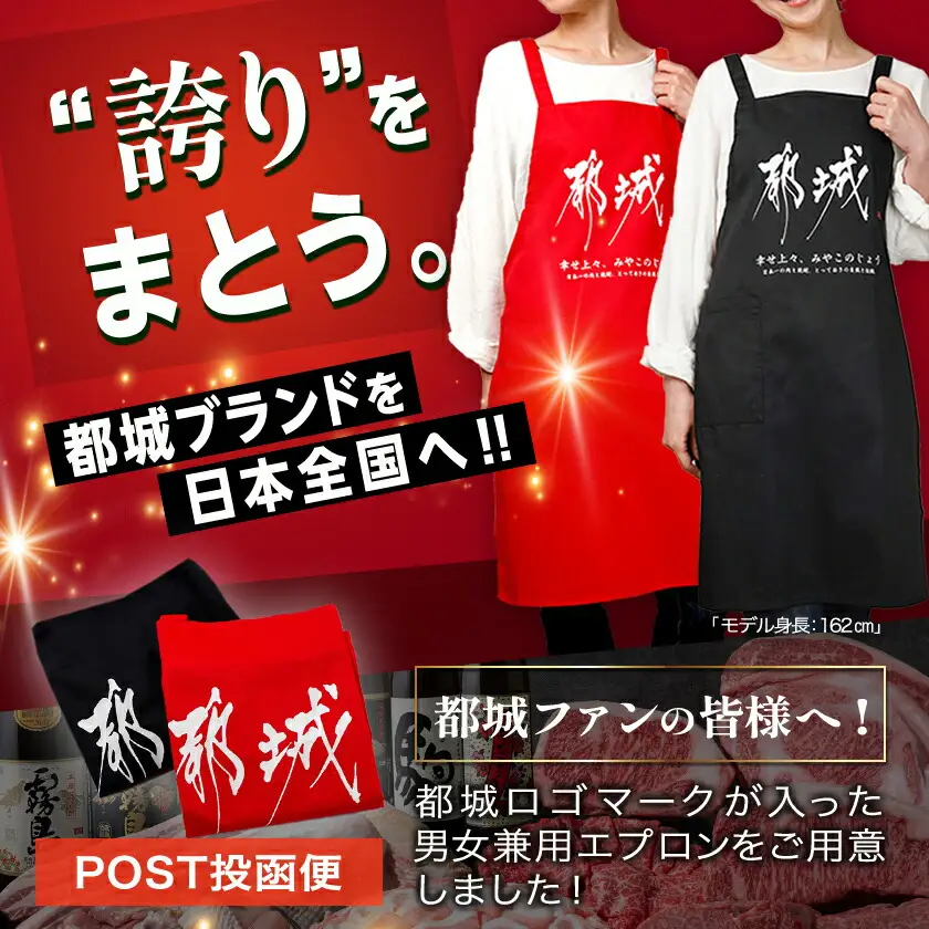 【都城ロゴマーク】エプロン※ポスト投函〔AA-1557〕_(都城市) エプロン ロゴ 男女兼用フリーサイズ レッド ブラック