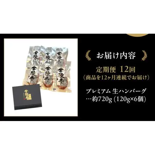 【12ケ月定期便】【茨城県共通返礼品】 黒毛和牛 常陸牛 100% 特製 プレミアム 生ハンバーグ 合計8640g（120g × 6個 × 12回 ）