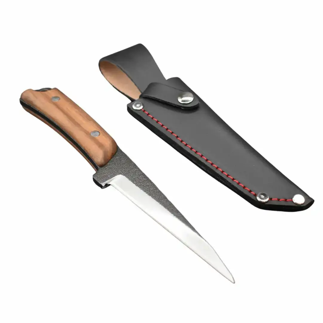 [山人] 両刃切り出しナイフ ウォルナット柄 本革ケース付 フルタング仕様 キャンプ用品 アウトドア用品 【041S024】