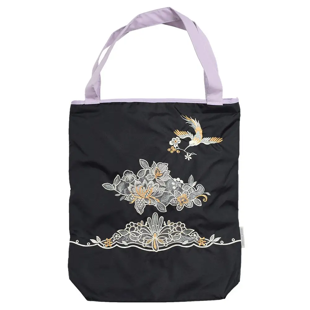 【シノワズリーモダン京都】花鳥オーガンジーカットワーク刺繍 防水・撥水トートバッグ ブラック