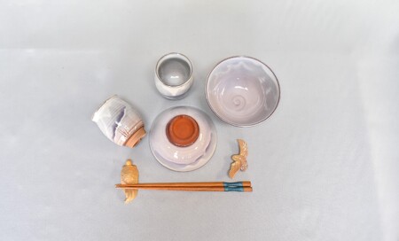 萩焼 萩むらさき福の器揃い(ご飯茶碗・湯呑・鶴亀箸置きセット)