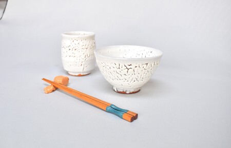 萩焼 福の器揃い「残雪」(ご飯茶碗・湯呑・箸置きセット)
