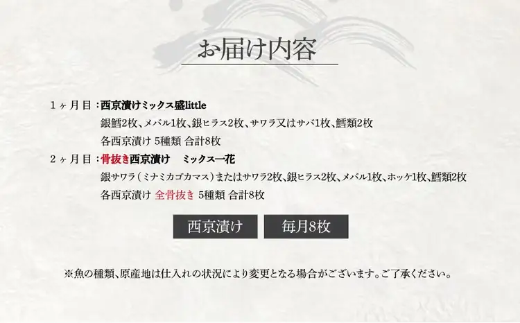 【定期便】西京漬けミックス盛　little ＆ 一花 2か月