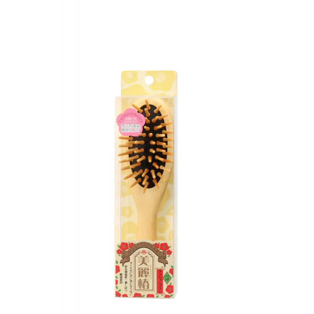 【セット】美麗椿クッションブラシ小＋つげのくし（ねこ）携帯袋付き