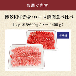 博多和牛赤身・ロース焼肉食べ比べ　計1kg_博多和牛 赤身 ロース 焼肉 食べ比べ 計 1kg 黒毛和牛 国産 九州産 福岡県産 国産牛 ブランド牛 牛肉 和牛 肉 お肉 溢れる 旨味 凝縮 サシ 甘味 至福の時 赤身肉 ロース肉 冷凍 バーベキュー お取り寄せ グルメ 福岡県 久留米市 送料無料 〔Ab043〕