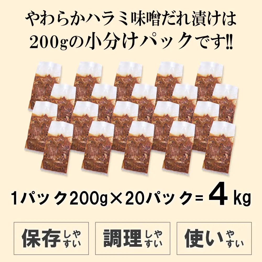 やわらかハラミ味噌だれ漬け4kg（200ｇ×20）