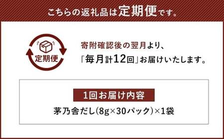 【12ヶ月定期便】 【久原本家】 茅乃舎だし 8g×30パック（各1個） 計240g 茅乃舎 和風だし 出汁 だしの素