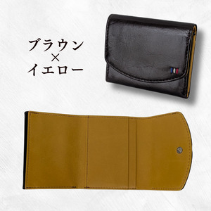 牛革　ミニ財布　ステッチC（ブラウン×イエロー） ／ 財布 サイフ さいふ ミニ財布 イタリア 革 革製品 牛革 レザー 革小物 クラフト 送料無料