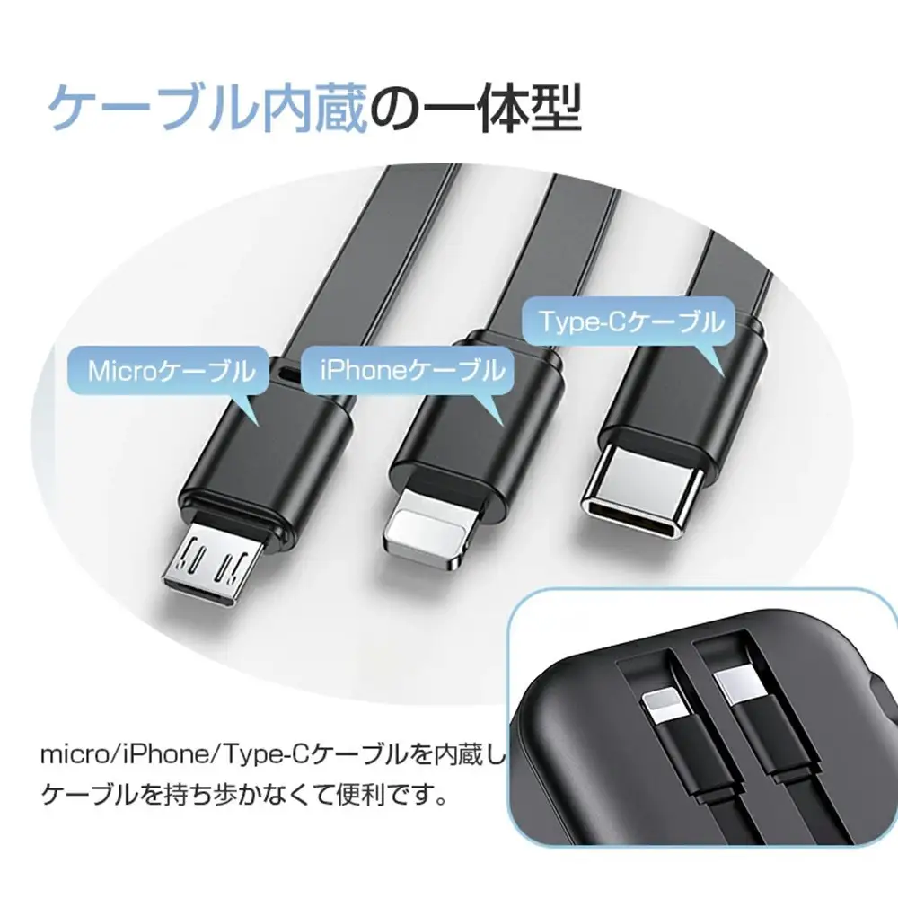 【ブラック】モバイルバッテリー ACアダプター 15000mAh 55.5Wh 防災電源 コンセント一体型 Type-C出入力ポート+USB出力ポート+3本ケーブル内蔵 5台同時充電 PD20W 折りたたみ式プラグ iPhone/iPad/Android各機種対応 90日安心保証付き PSE認証済