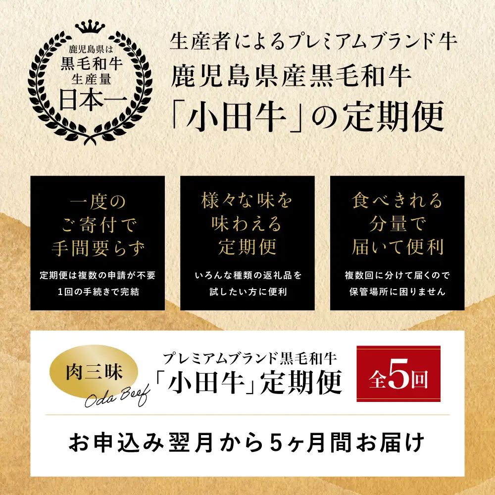 【全5回】プレミアムブランド「小田牛」定期便［肉三昧］ 鹿児島県産 黒毛和牛 ステーキ リブステーキ すき焼き 焼肉 BBQ カタロース カルビ モモ ソース 冷凍 小田畜産 南さつま市