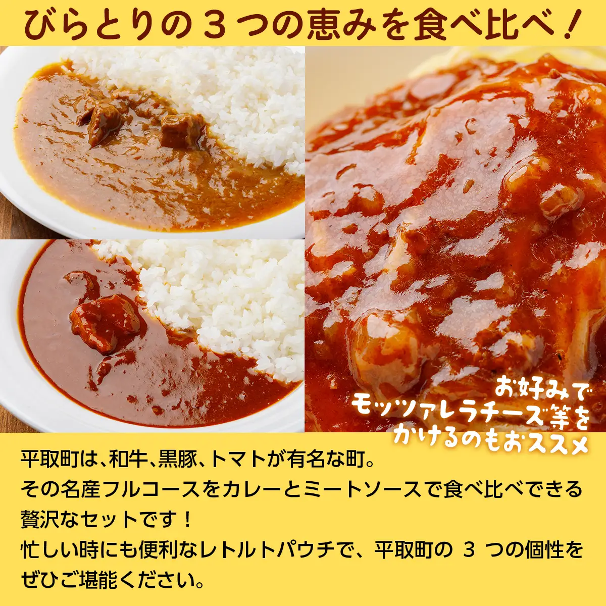 びらとり和牛カレー中辛・びらとりトマトカレー・ミートソースセット（各2箱）BRTH033