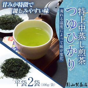 初摘み 中蒸し 特上煎茶 つゆひかり 100g袋×2袋 2袋セット 影山製茶店 特上 煎茶 緑茶 深蒸し 特別な品種 新鮮 甘み濃いめ 渋み少なめ 水出し 濃厚 ティータイム おもてなし リラックス 手土産 富士市 [sf001-276]