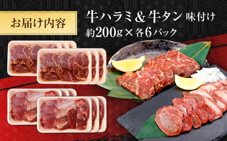 牛ハラミ ＆ 牛タン　味付け 各種約200g×6 総計約2.4kg  / 訳あり 小分け 柔らかい  一口サイズ 【(有)山重食肉】[ATAP166]