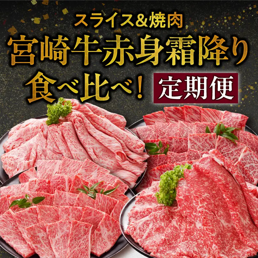 ≪4回連続お届け≫宮崎牛赤身霜降り食べ比べ定期便L(総重量8kg)〔T128-4-N201〕_(都城市) 宮崎牛 スライス 焼肉 2種セット 肩ロース又はロース ウデ又はモモ