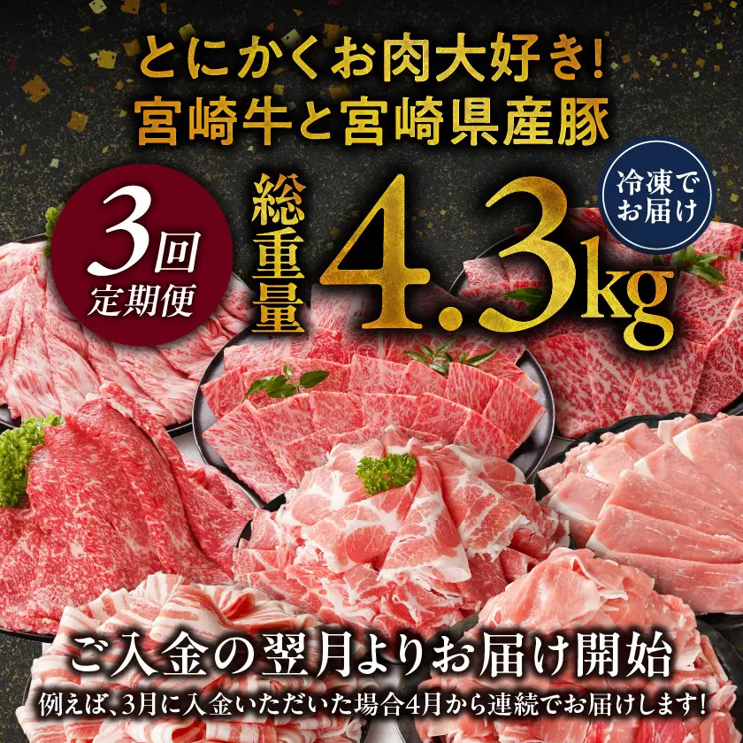≪3回連続お届け≫とにかくお肉大好き!宮崎牛と宮崎県産豚定期便M(総重量4.3kg)〔T48-3-N201〕_(都城市) 宮崎県産 牛肉 宮崎牛 豚肉 しゃぶしゃぶ すき焼き 焼肉 バラ 肩ロース又はロース ウデ モモ