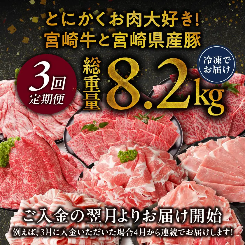 ≪3回連続お届け≫とにかくお肉大好き!宮崎牛と宮崎県産豚定期便L(総重量8.2kg)〔T84-3-N201〕_(都城市) 宮崎県産 牛肉 宮崎牛 豚肉 しゃぶしゃぶ すき焼き 焼肉 バラ 肩ロース ロース ウデ モモ
