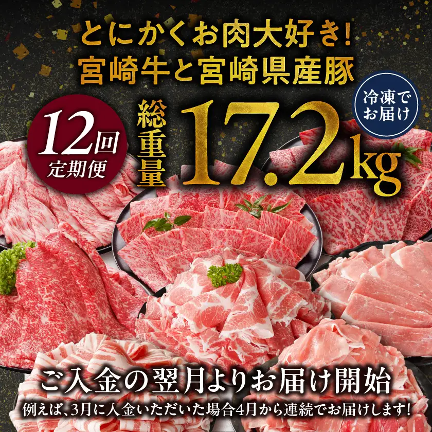 ≪12回連続お届け≫とにかくお肉大好き!宮崎牛と宮崎県産豚定期便M(総重量17.2kg)〔T192-12-N202〕_(都城市) 宮崎県産 牛肉 宮崎牛 豚肉 しゃぶしゃぶ すき焼き 焼肉 バラ 肩ロース又はロース ウデ モモ