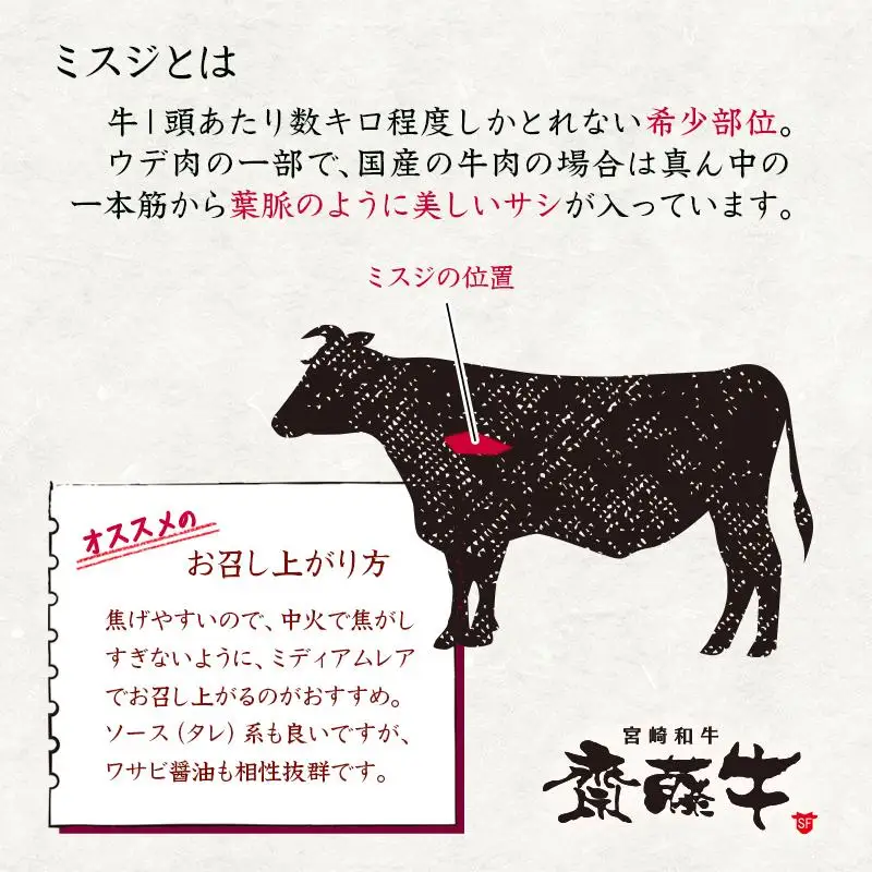 希少部位 黒毛和牛「宮崎和牛 齋藤牛」ミスジステーキ100g×5枚 国産牛肉＜5-13a＞