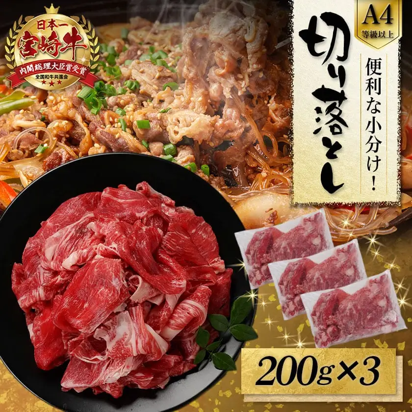 宮崎牛切り落とし【小分け】200g×3〔12-J704〕_(都城市) 宮崎県産 宮崎牛 ウデ バラ モモ 肩ロースが混在 小分けパック