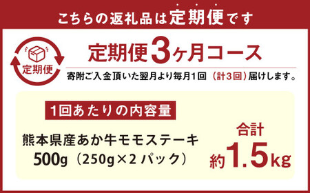 【3ヶ月定期便】 熊本県産 あか牛 モモ ステーキ 500g （250g×2パック） 合計1.5kg （250g×6パック）牛肉 赤牛 もも 肉 お肉 モモ肉 赤身 赤身肉 和牛 国産 冷凍
