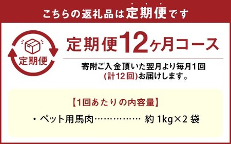 【12回定期便】ペット用馬肉 約2kg（約1kg×2袋） 合計約24kg ペットフード 馬 肉 高タンパク 低カロリー