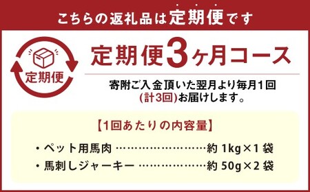 【3回定期便】ペット用馬肉 約1kg×1袋＋馬刺しジャーキー 約100g（約50g×2袋） 合計約3.3kg ペットフード 馬 肉 高タンパク 低カロリー